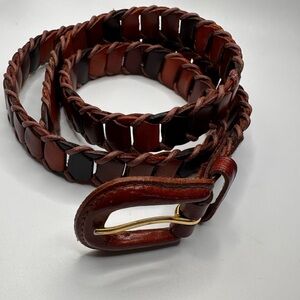 Woven Leather Belt Oxblood Cognac Brown Distressed Skinny Med .75”x35” Cowhide